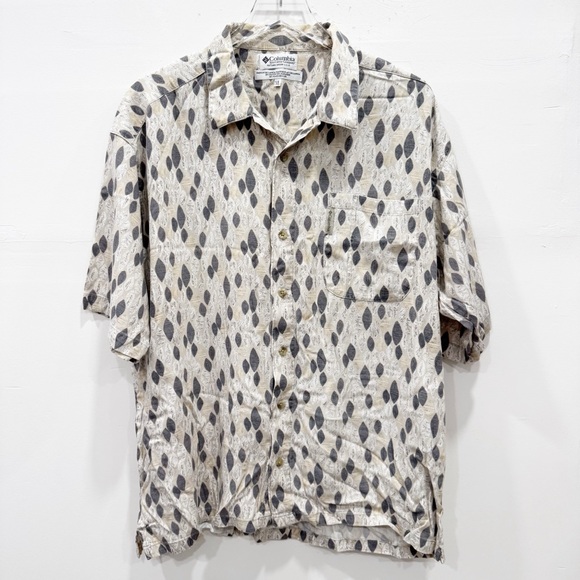 Vintage Columbia 90s Mens Short Sleeve Button Down Shirt Flax Linen Leaf Print - Picture 1 of 6